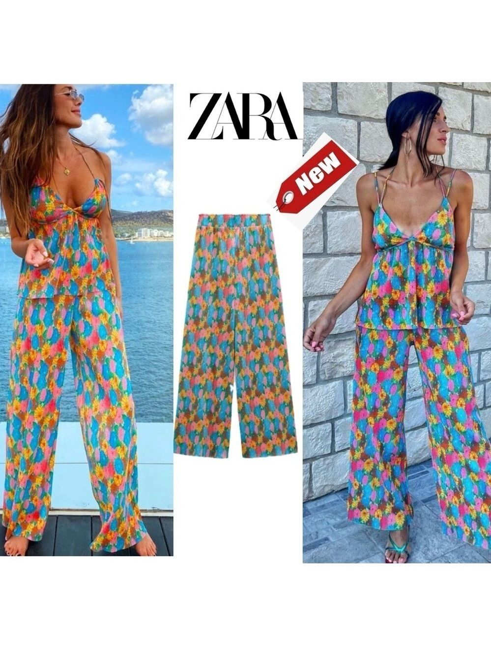 Zara multicoloured floral flower accordion pleated wide leg high waisted pants S